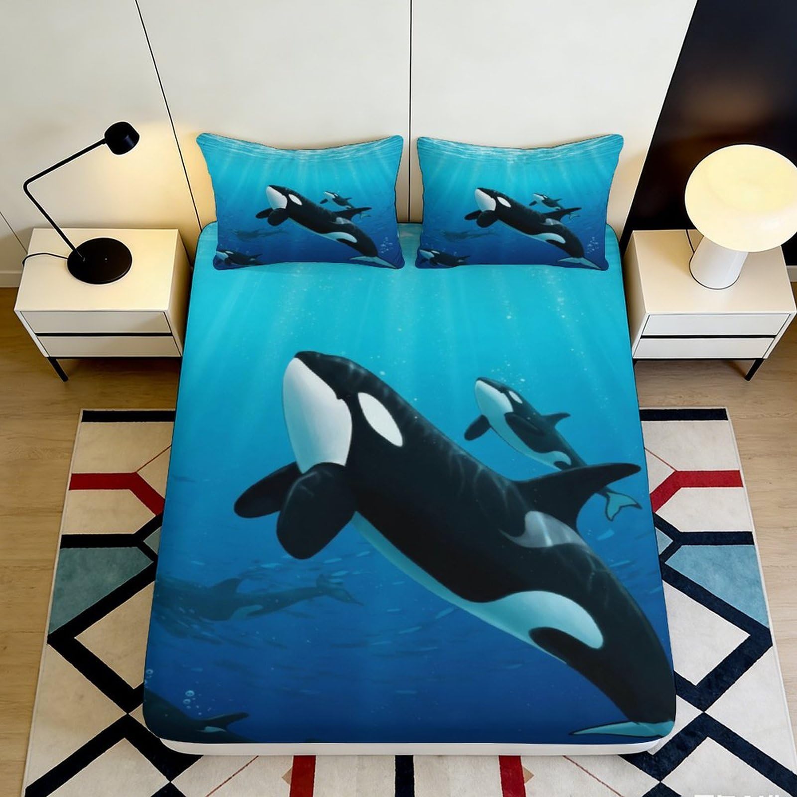 3D Printed Orca Whale Fitted Sheet Microfiber Soft Breathable Underwater Scene Bed Cover for Bedroom Dormitory Guest Room Mattress Protection Decor 120x200x25cm