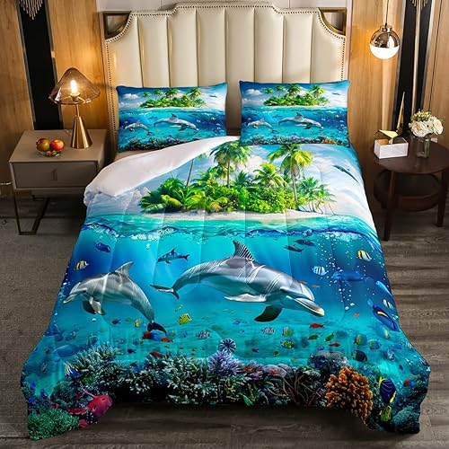 Miniatura 3 de Underwater World - Juego de ropa de cama con relleno de edredón de playa hawaiana, tamaño Queen, isla mediterránea, juego de edredón tropical de