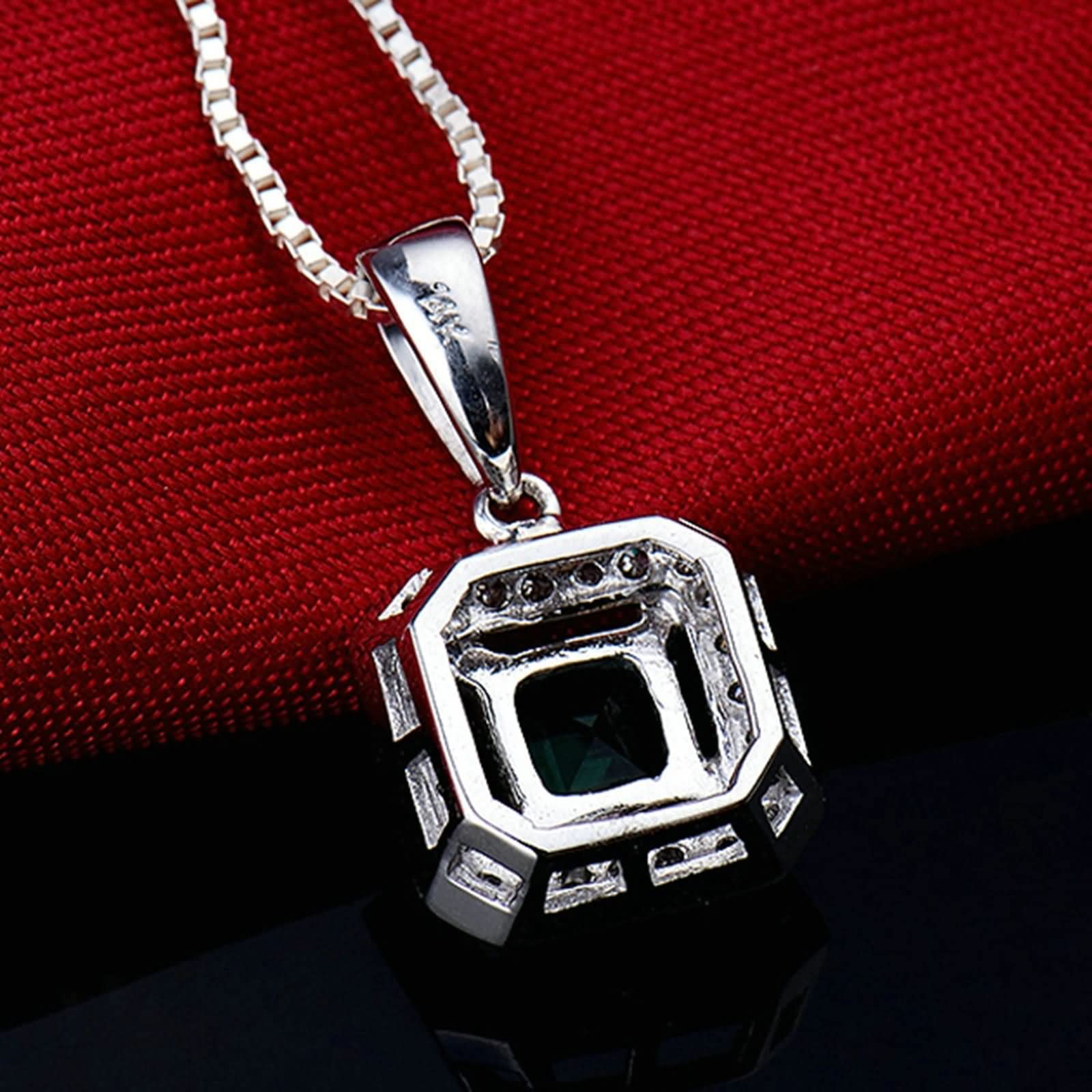 Echtgold Kette mit Anhänger, Halskette Anhänger Gold 14 Karat Quadrat Form mit Diamant und Smaragd 0.52ct Halskette