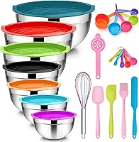 Vista 1 de TeamFar Juego de 7 cuencos para mezclar con tapas, de acero inoxidable, con 16 utensilios de cocina para preparar y servir, 7, 4.5, 3, 2.5, 1.5