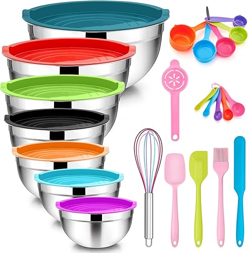 TeamFar Juego de 7 cuencos para mezclar con tapas, de acero inoxidable, con 16 utensilios de cocina para preparar y servir, 7, 4.5, 3, 2.5, 1.5,