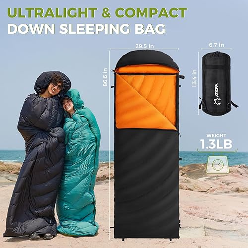Miniatura 8 de ATEPA Saco de dormir ligero de plumón de 0 grados para adultos, mochila de momia, ultraligero, impermeable, compacto, para todo tipo de clima frío,