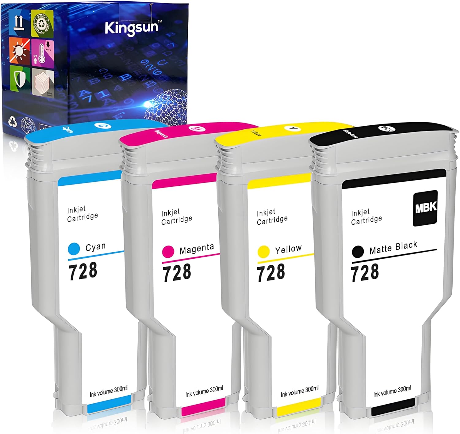 HP 728 Ink Cartridge Set 300ML 728 F9J68A F9K17A F9K16A F9K15A Compatible with DesignJet T730 T830 MPF Large Format Plotter Printers (Matte Black, Cyan, Magenta, Yellow)