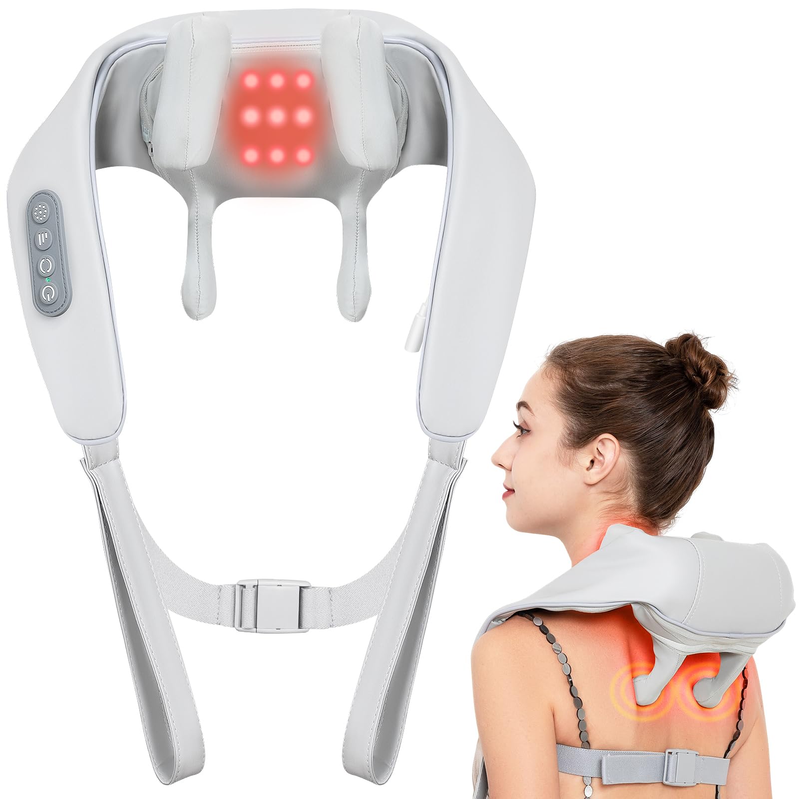 Massaggiatore per collo con riscaldamento Shiatsu Massaggiatore elettrico senza fili con ricarica USB con 3 modalità 3 intensità per casa e ufficio Grigio