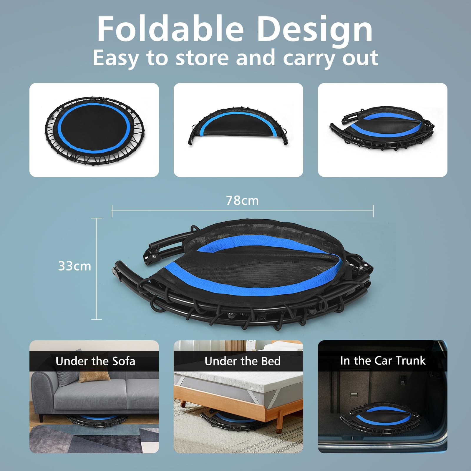 LIFEZEAL Trampolino per fitness pieghevole φ101 cm, saltatore con barra di sicurezza, 2 bande di resistenza, altezza regolabile 107,5-130,5 cm, telaio in acciaio, carico 150 kg, interno ed esterno