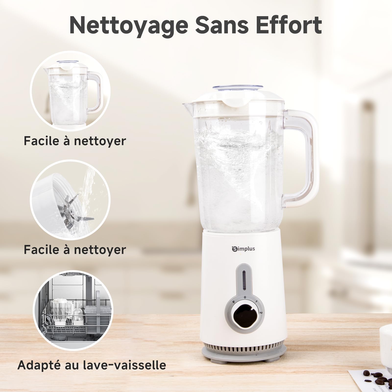 SIMPLUS Blender Mixeur 3 en 1, Robot Culinaire avec Hachoir 500ml, Moulin à Café 300ml, Bol 1.25L, Lames 304, 3 Vitesses, Sécurité, Blanc