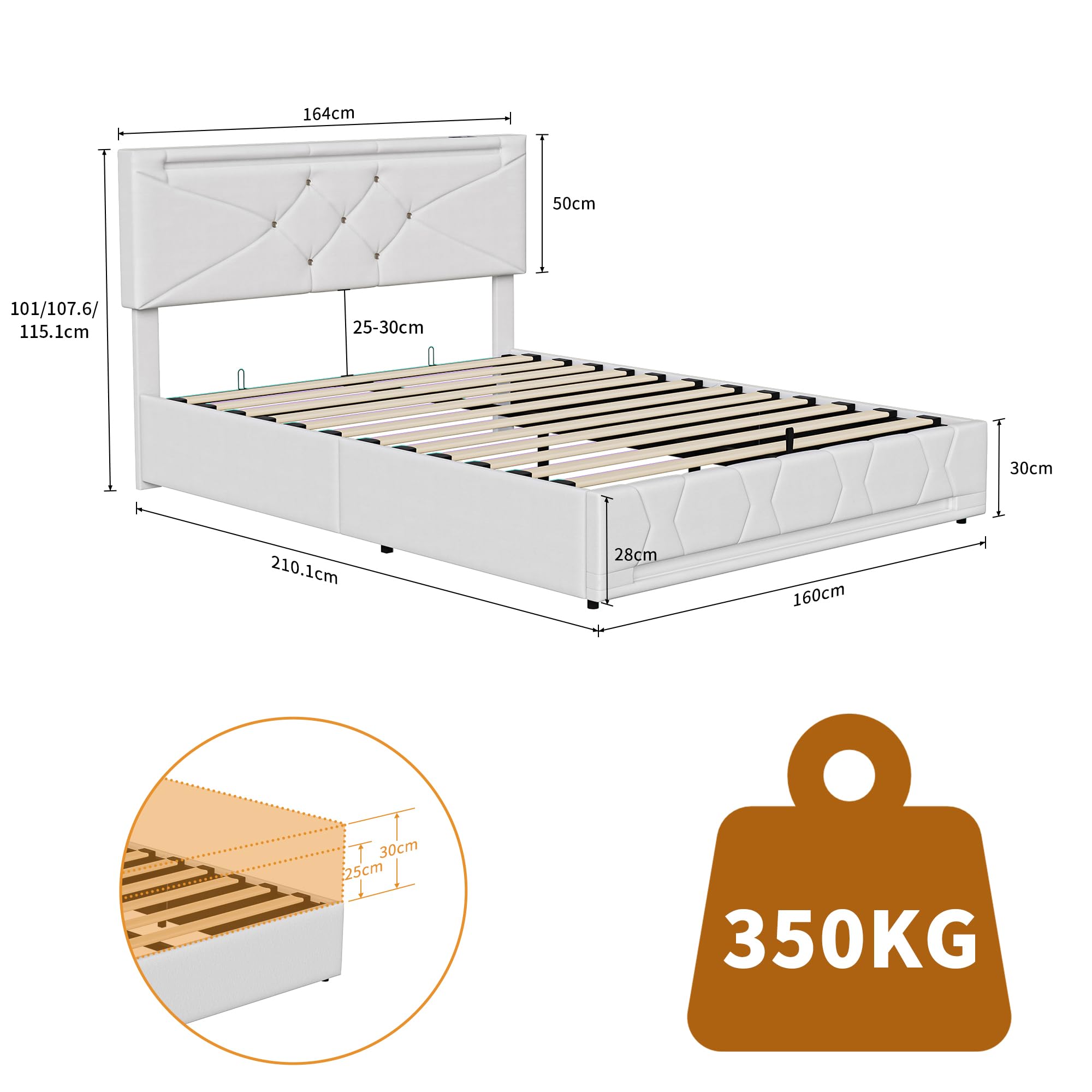 Letto matrimoniale contenitore, 160x200 cm, Letto Baule LED e Porte USB, testiera regolabile, Letto imbottito con contenitore idraulico, Struttura letto con rete a doghe, Lino (Beige/3, 160x200 cm)