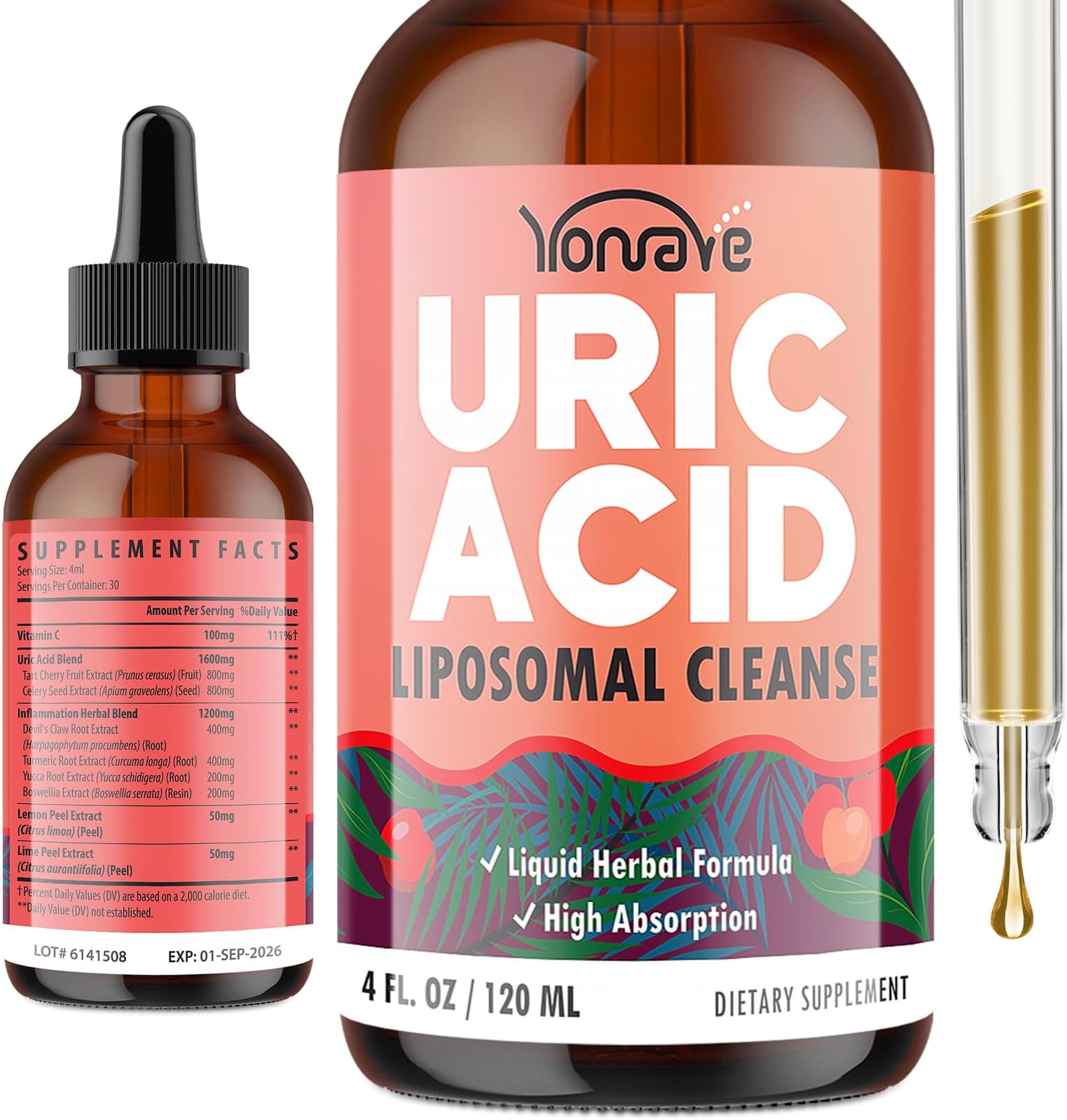 Yonrave Liposomal Uric Acid Drops, Tart Cherry Supplement with Celery Seed & Boswellia Extract – Muscle, Detox, Joint and Kidney, Uric Acid Cleanse Liquid Supplement– 4 FL OZ (1 Bottle)