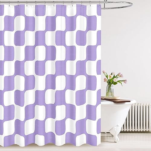 Miniatura 20 de Tititex Cortina de ducha retro de tela de lino sintético de 4.53 oz/m², con patrón de cuadrícula de ajedrez, color beige y verde salvia, juego de