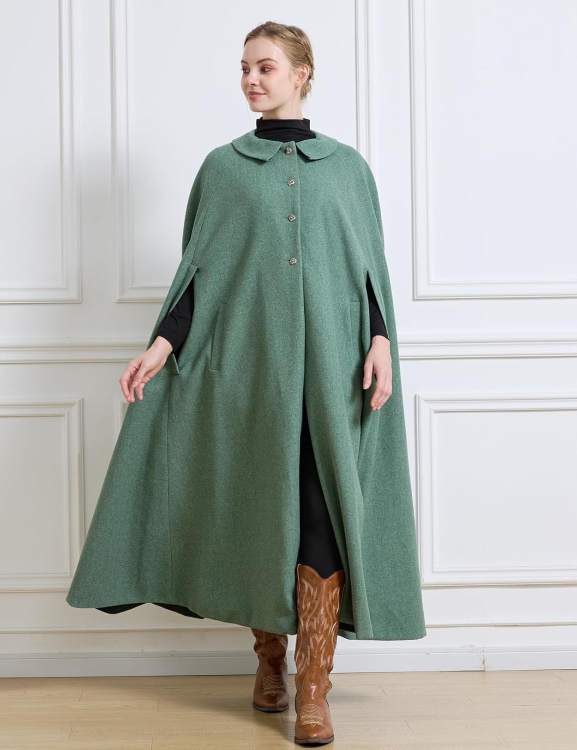 BEAUTELICATE Wool Blend Cloak Slit Sleeve 2 Pockets Turn-Down Collar Fleece Cloak Winter Cape - Image 3