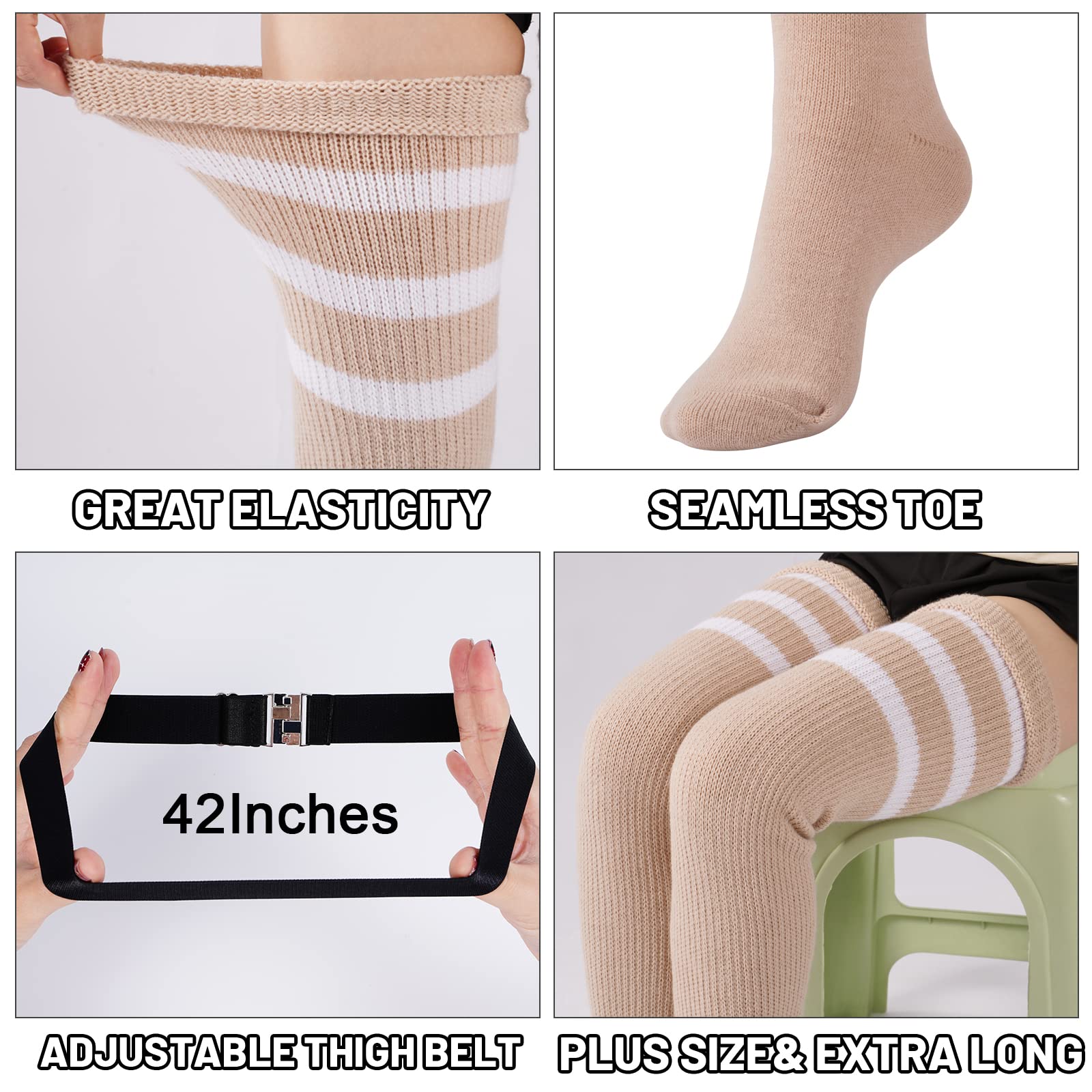 Abodhu Plus Size Thigh High Socks for Thick Thighs Women- Extra Long Widened Extra Long Thick Knit: Beige & White Striped