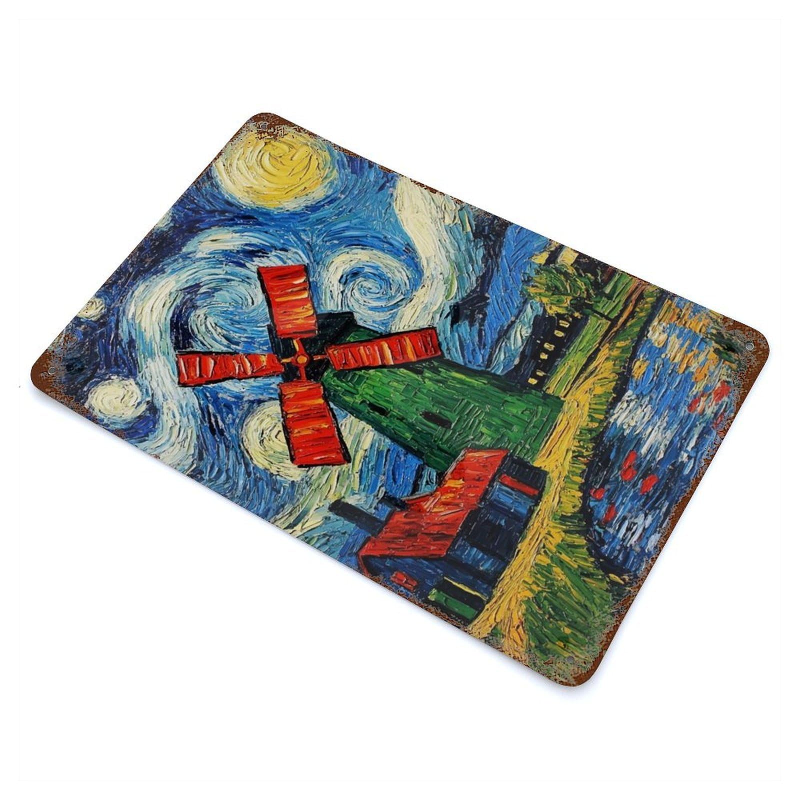 Starry Night Windmill Rusty Metal Tin Sign 11.8"x7.9", Ideal for Farmhouse, Kitchen And Entryway Decor