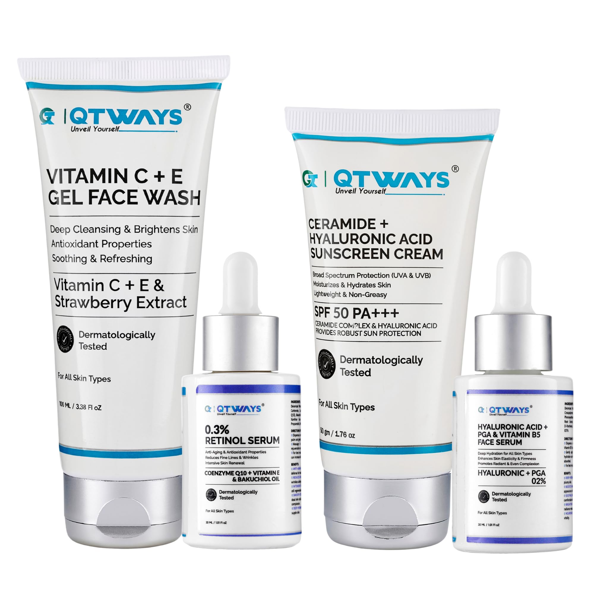 QTWAYS Anti Wrinkle Skin Care Kit Combo | 0.3% Retinol Serum, Vitamin C + E Face Wash, Hyaluronic Acid Serum & SPF 50 PA+++ Sunscreen | Anti-Aging & Hydration | For All Skin Types-image-18