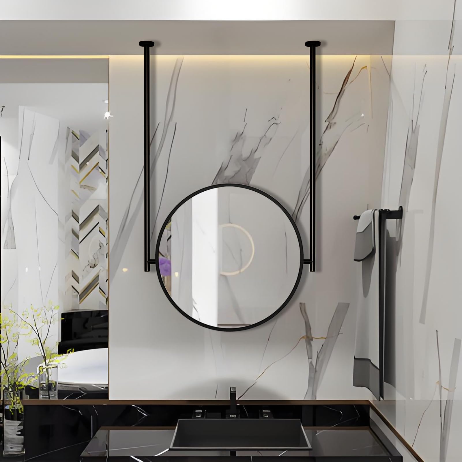 FGXHHS Hanging Mirror with Circle Frame, Wall-Mounted Black Mirrors for Home Dressing Table, Desk, Bathroom, Bedroom, Customizable Boom Modern Decor Mirror(Diameter-50CM/19.7INCH)