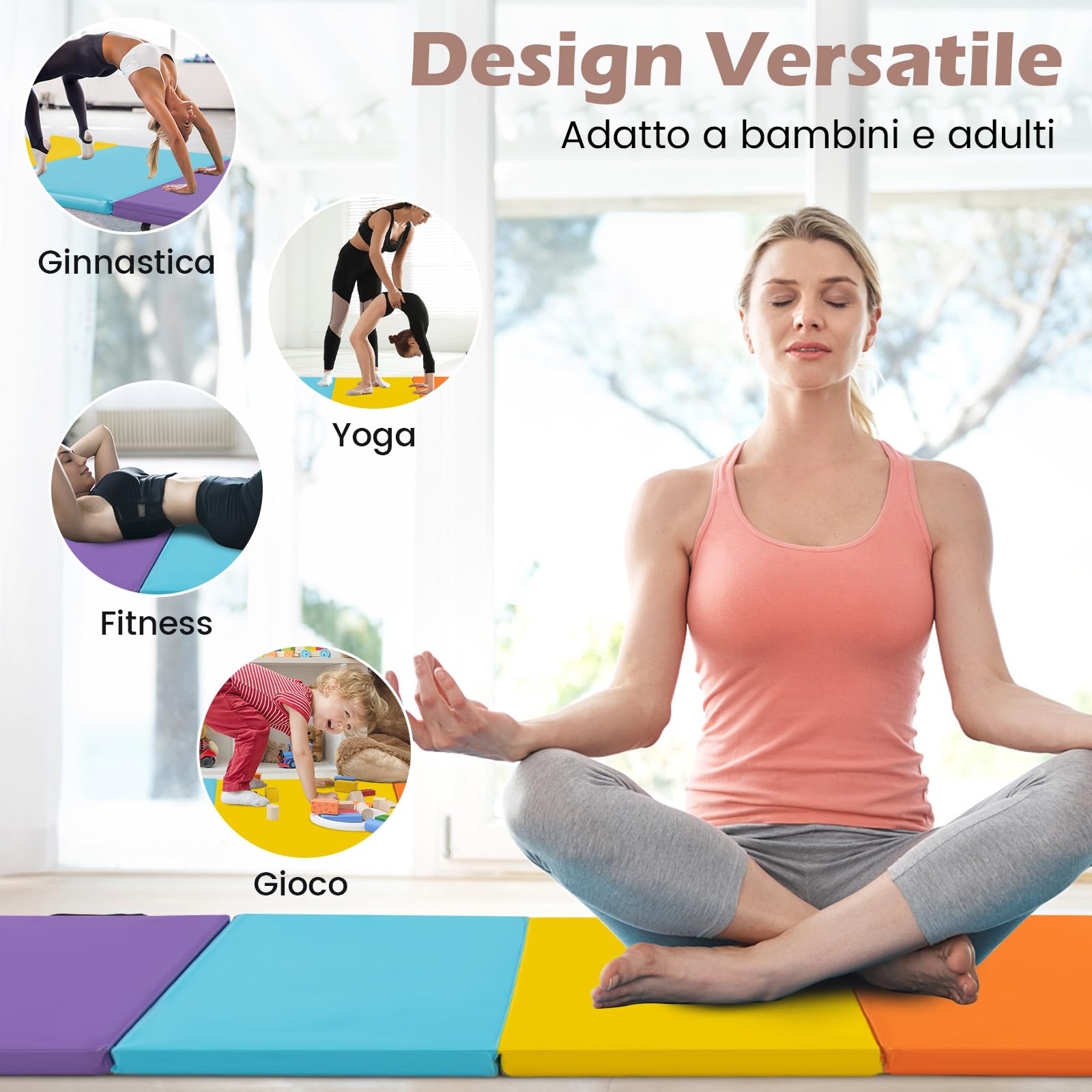 GYMAX Tappetino da Ginnastica Pieghevole a 3 parti, Tappetino Portatile con Velcro, Materasso da Allenamento con Maniglie Portatili per Bambini e Adulti, Tappetino Allenamento