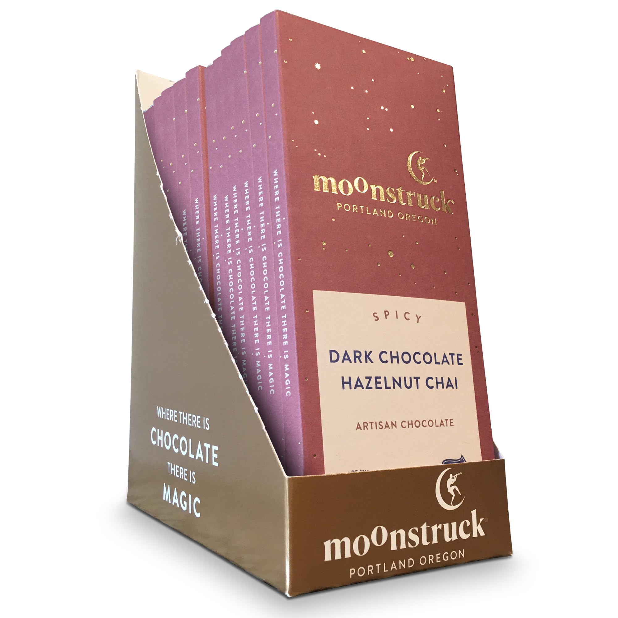 Moonstruck Spicy Dark Chocolate Hazelnut Chai Bar – Artisan, Hand Crafted, Small Batch, Decadent Chocolate Bar Made with Ethically Sourced Cacao & Local Ingredients – 3oz, 12 Pack