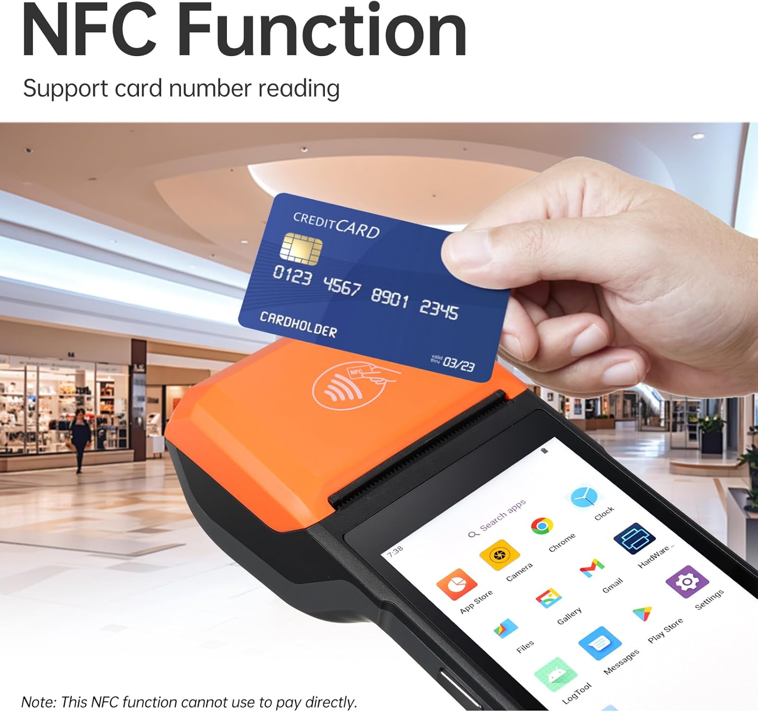 Bisofice H10 PDA Terminal showing the built-in thermal printer with paper specifications