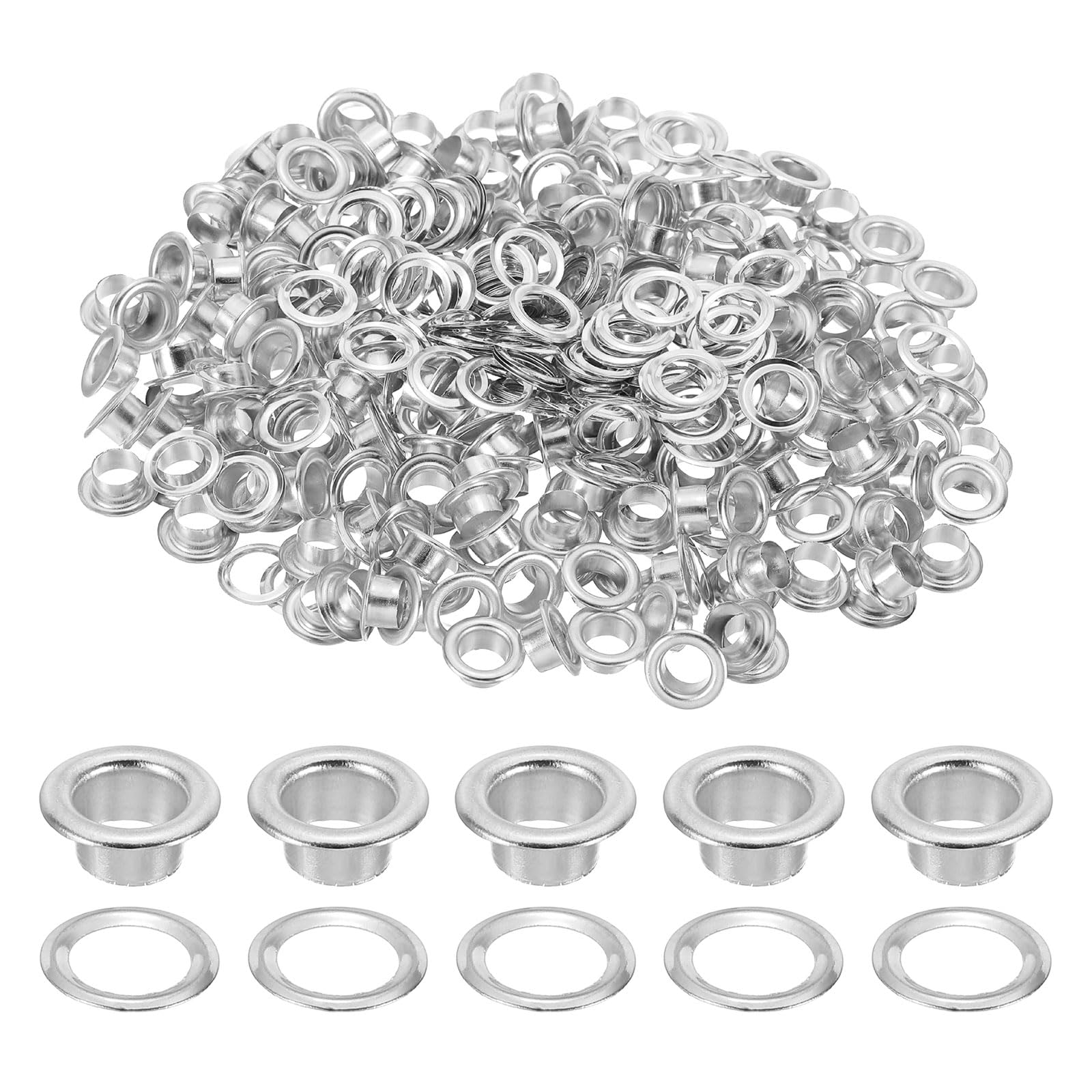 sourcing map 200 Sets Grommets Eyelets, 5mm Brass Self Backing Eyelets Metal Eyelet with Washers for Belts, Shoes, Clothes, Bead Cores, DIY Project, Silver Tone
