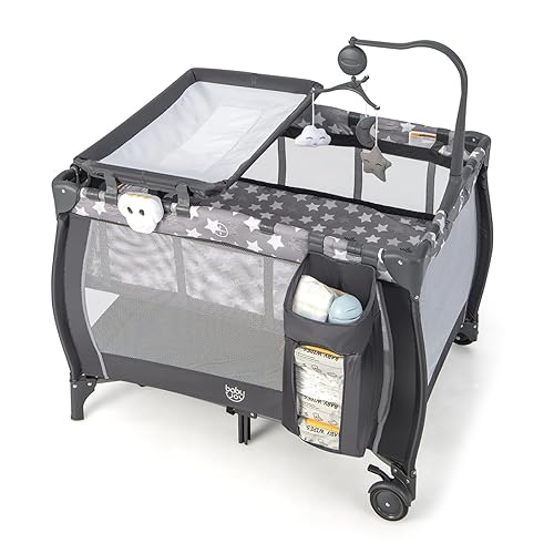 Miniatura 11 de Costzon 3 en 1 Rosa Pack and Play con Moisés, Corralito Portátil para Bebé con Mesa Cambiadora, Caja de Música, Juguetes Giratorios, Ruedas/Freno,