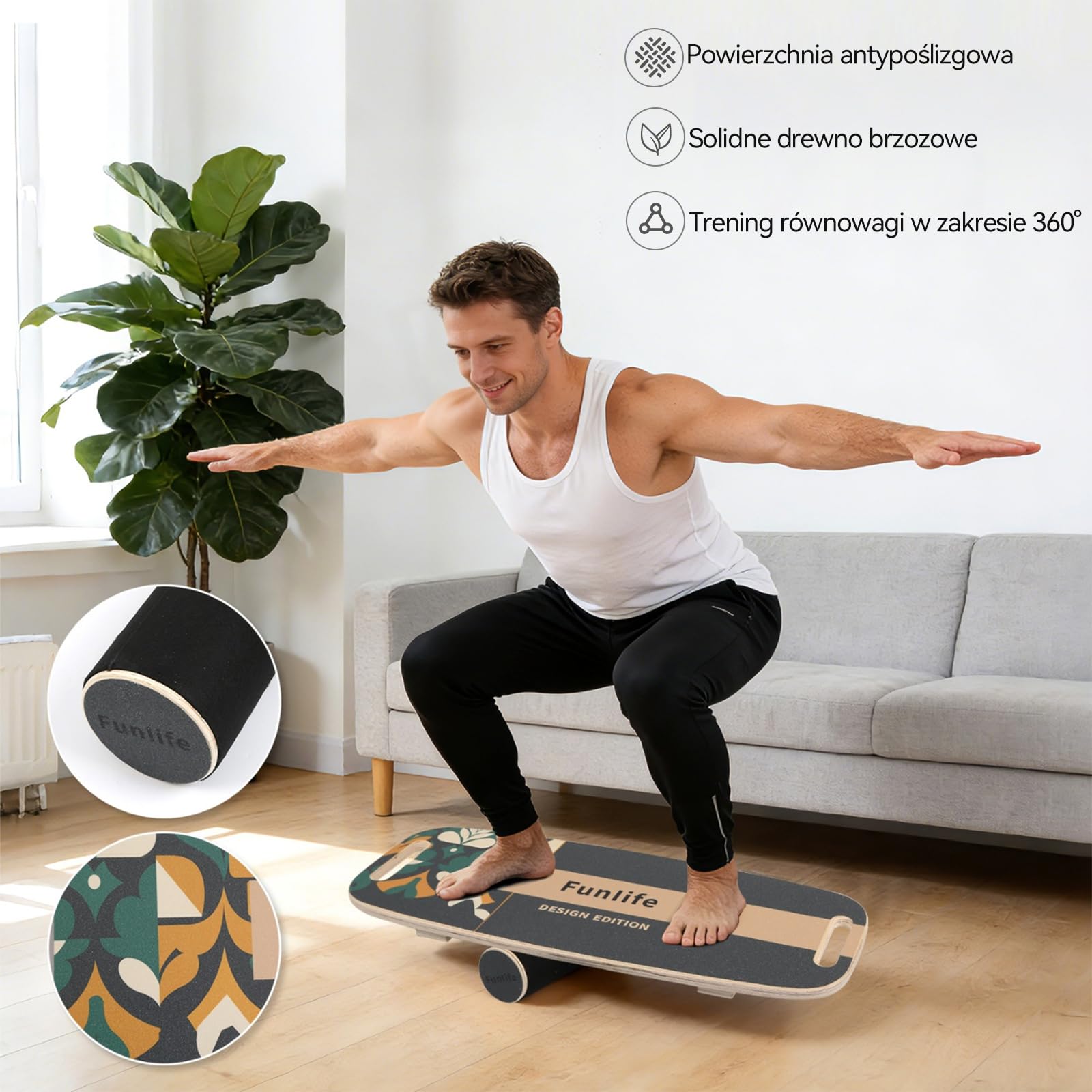 FunLife Deska do balansowania z drewna – stabilny trener równowagi do treningu podstawowego, fitnessu i równowagi, antypoślizgowa i trwała