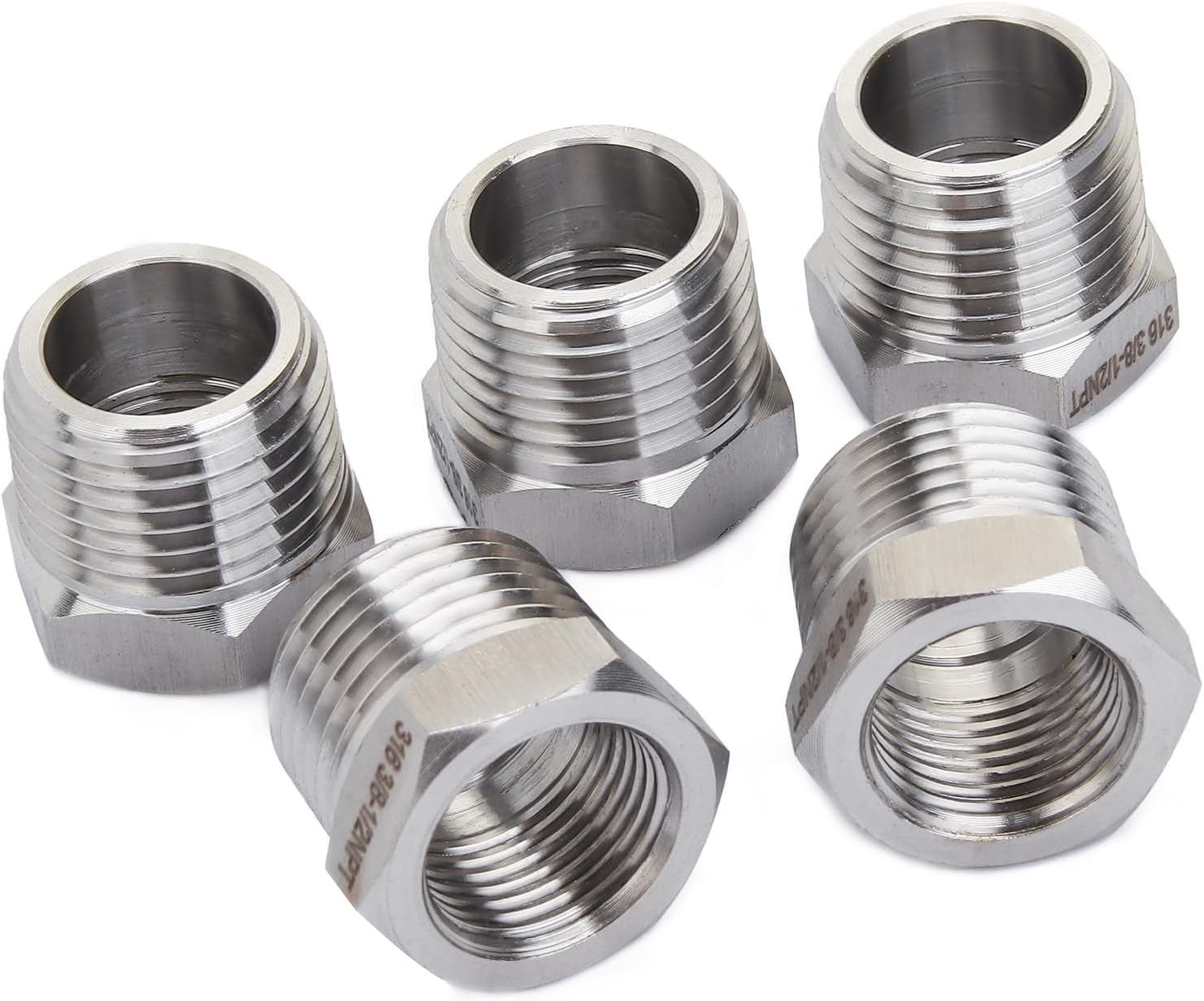 LTWFITTING Bar Production Stainless Steel 316 Pipe Hex Bushing Reducer Fittings 1/2" Male x 3/8" Female NPT Fuel Water Boat (Pack of 5)