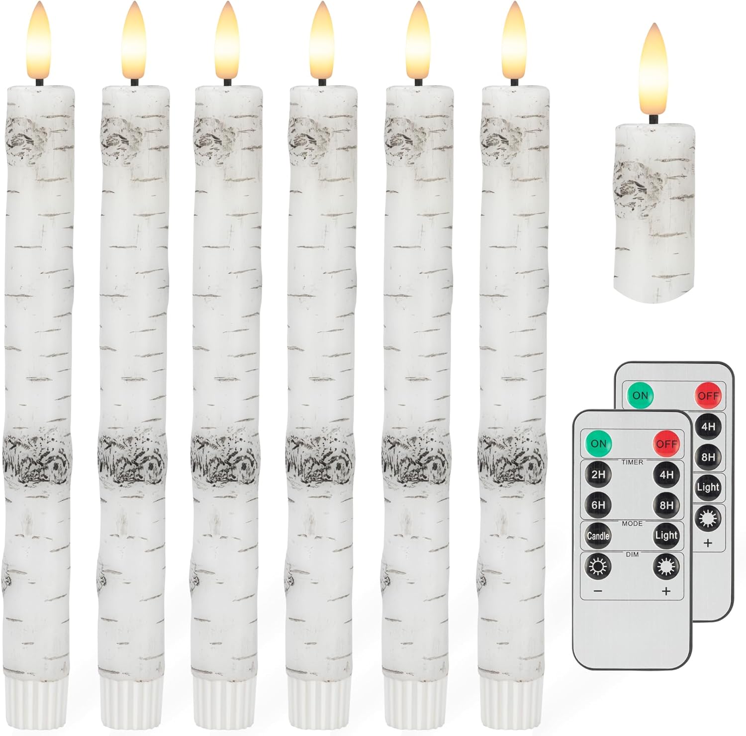 Birch Bark Flameless Taper Candles with 3D Wick, 9.6" Real Wax LED Candles with 2 Remote and Timer, 6 Pack Flickering Candlesticks Battery Operated Electric Candle for Home, Wedding, Party, Decor