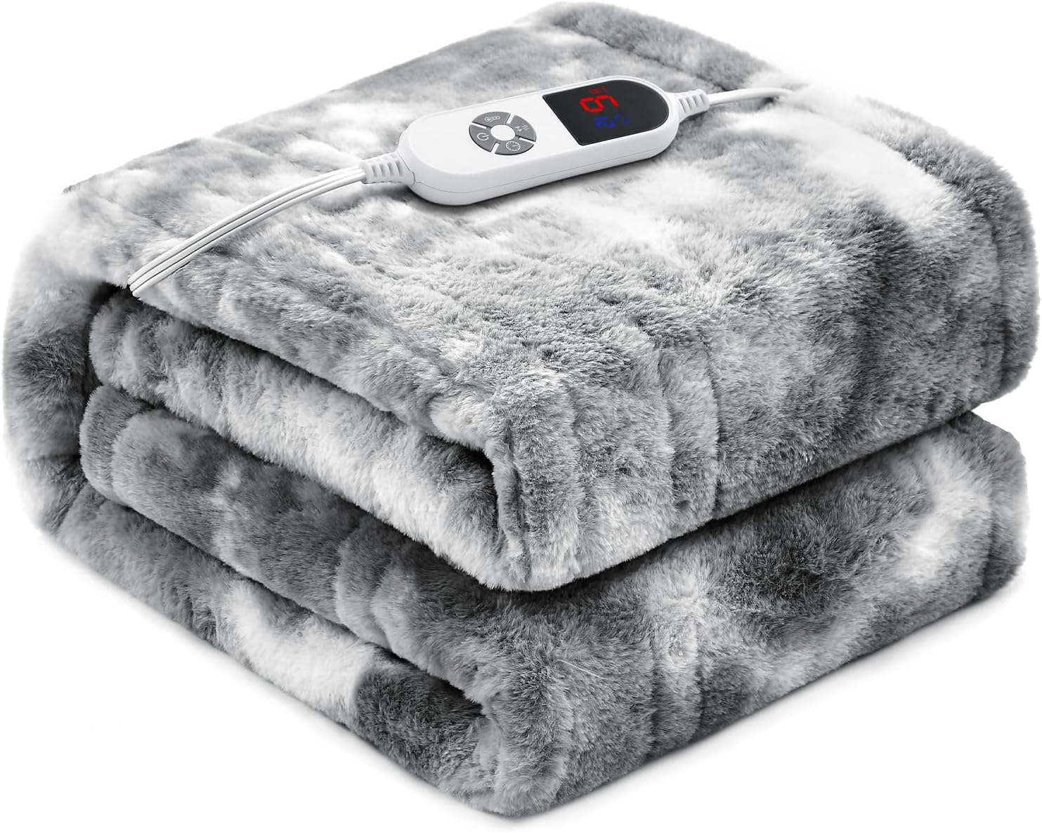 Electric Heated Blanket 50"x60",Luxury Grey Faux Rabbit Fur Electric Throw Blanket,Fast Heating Soft Fluffy Thick Electric Blanket with 6 Heating Levels & 12H Auto Off Grey Throw-50" x 60"