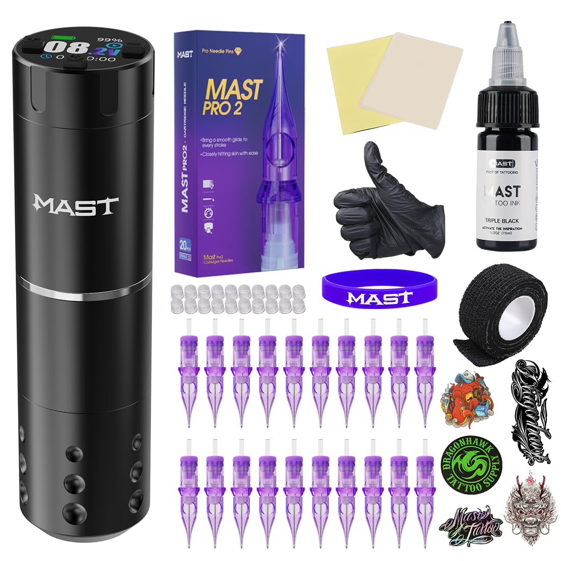 Mast Tattoo Maschine Set A1 Pro Kabelloses Rotary Tattoomaschine mit 2200mAh Akku-Pen, 20 Stück Cartridge nadeln, Tattoofarbe für Anfänger