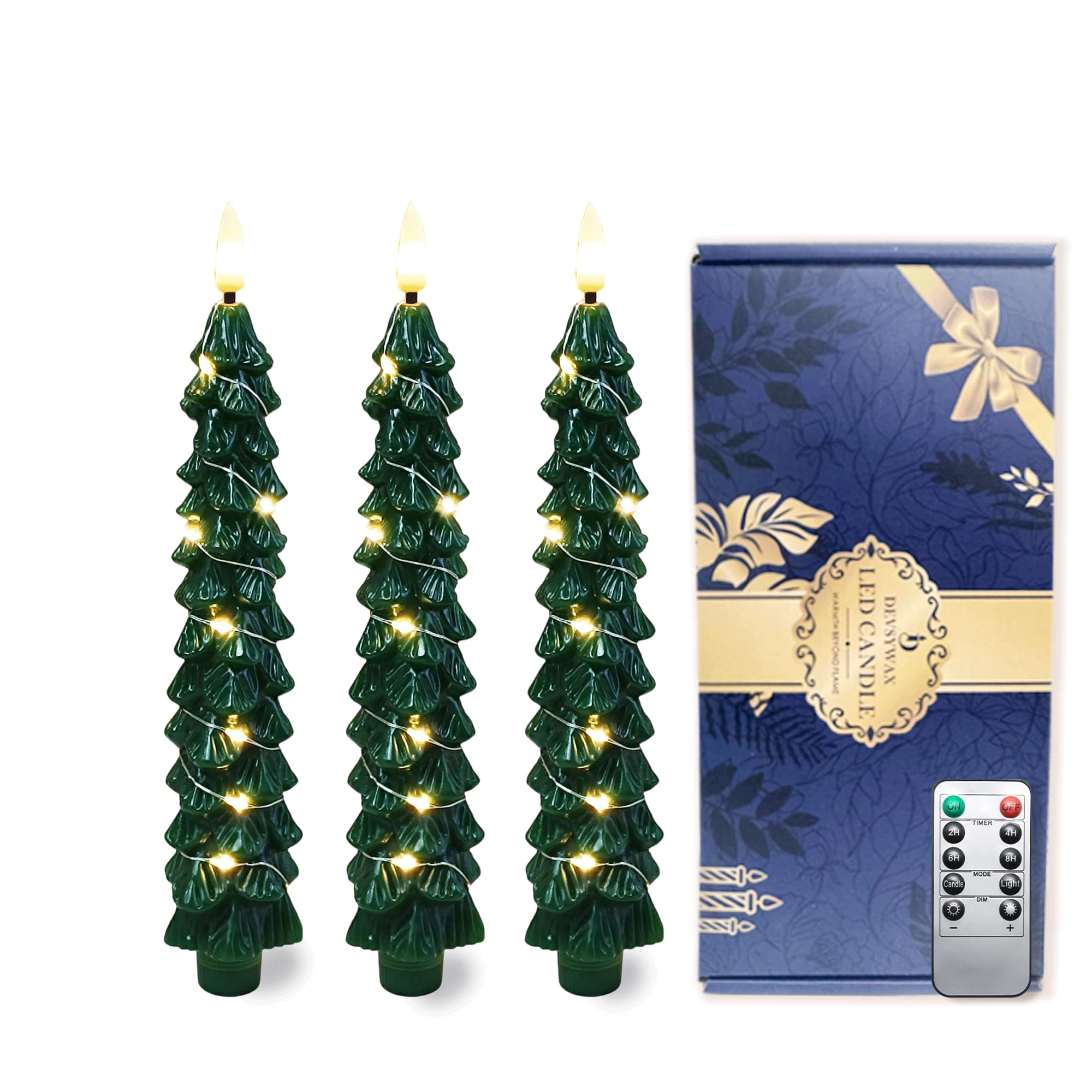 DEVSYWAX LED Christmas Tree Flameless Candles 3 Pcs Taper Remote Timer Battery Operated Fake Candle 3D Flickering Flame Celebration Holiday Decorations Green （Dot Copper Wire lamp）