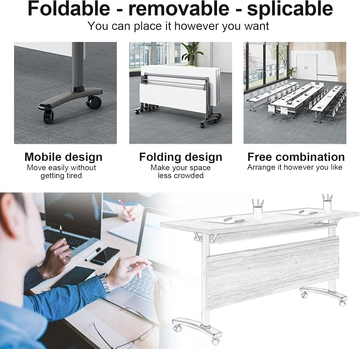 Folding Conference Room Table,Flip Top Mobile Training Table,Mobile Training Tables with Wheels for Office Conference tables Training Rooms Foldable Meeting Tables (4pack 63 x 19.7 x 29.5inch)