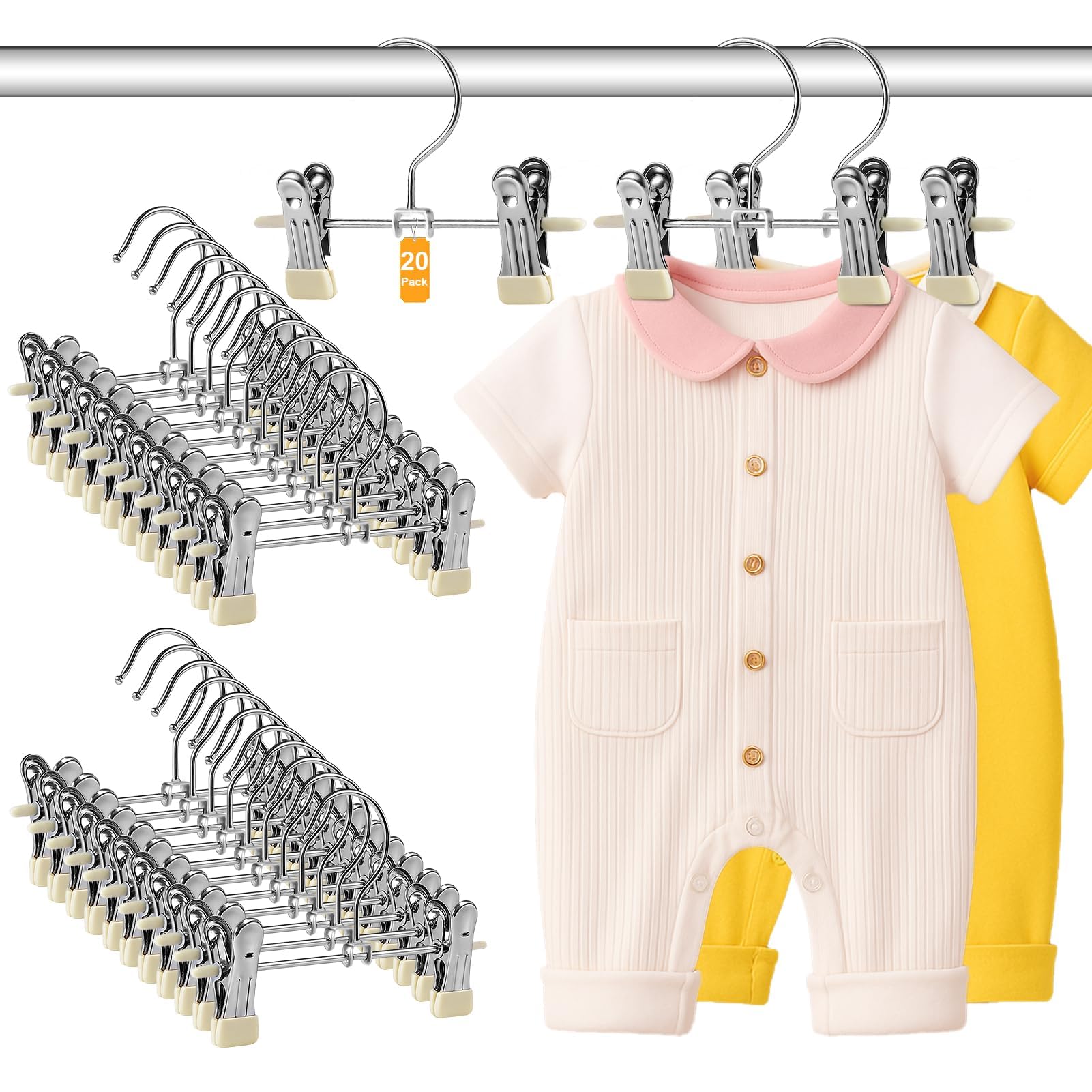 WJWSKI Kleiderbügel Kinder, Hosenbügel mit Anti-Rutsch Klammern 20 stück, Kinderkleiderbügel Platzsparend für Kinderkleidung, 17 cm Metall Baby Kleiderbügel für Baby Hosen Socken Lätzchen