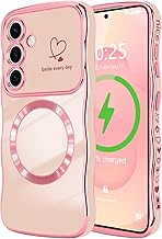 LCHULLE Magnetic Case for Samsung Galaxy S25,[Compatible with MagSafe] Cute Curly Wave Shape Love Heart Pattern Case for Women Girls,Luxury Plating Shockproof Camera Protection Cover,Pink