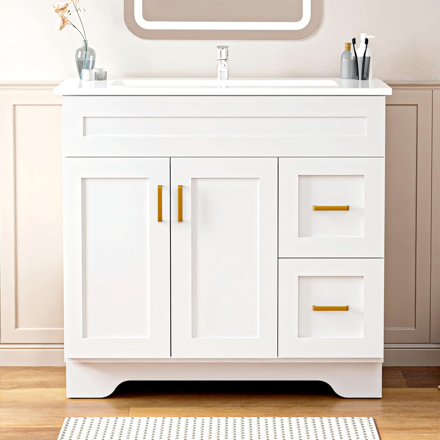 36 Inch Bathroom Vanity with Sink and Drawer, Modern Bathroom Vanity with Ceramic Basin and Countertop, Easy Assembly (White)