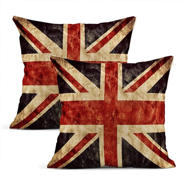 Meowjoy Set of 2 Cushion Covers Print Linen The United Kingdom Union Jack Flag Vintage Retro High Pillowcases Car Sofa Bedroom Home Decor Gifts for Family Friends 20x20 inch