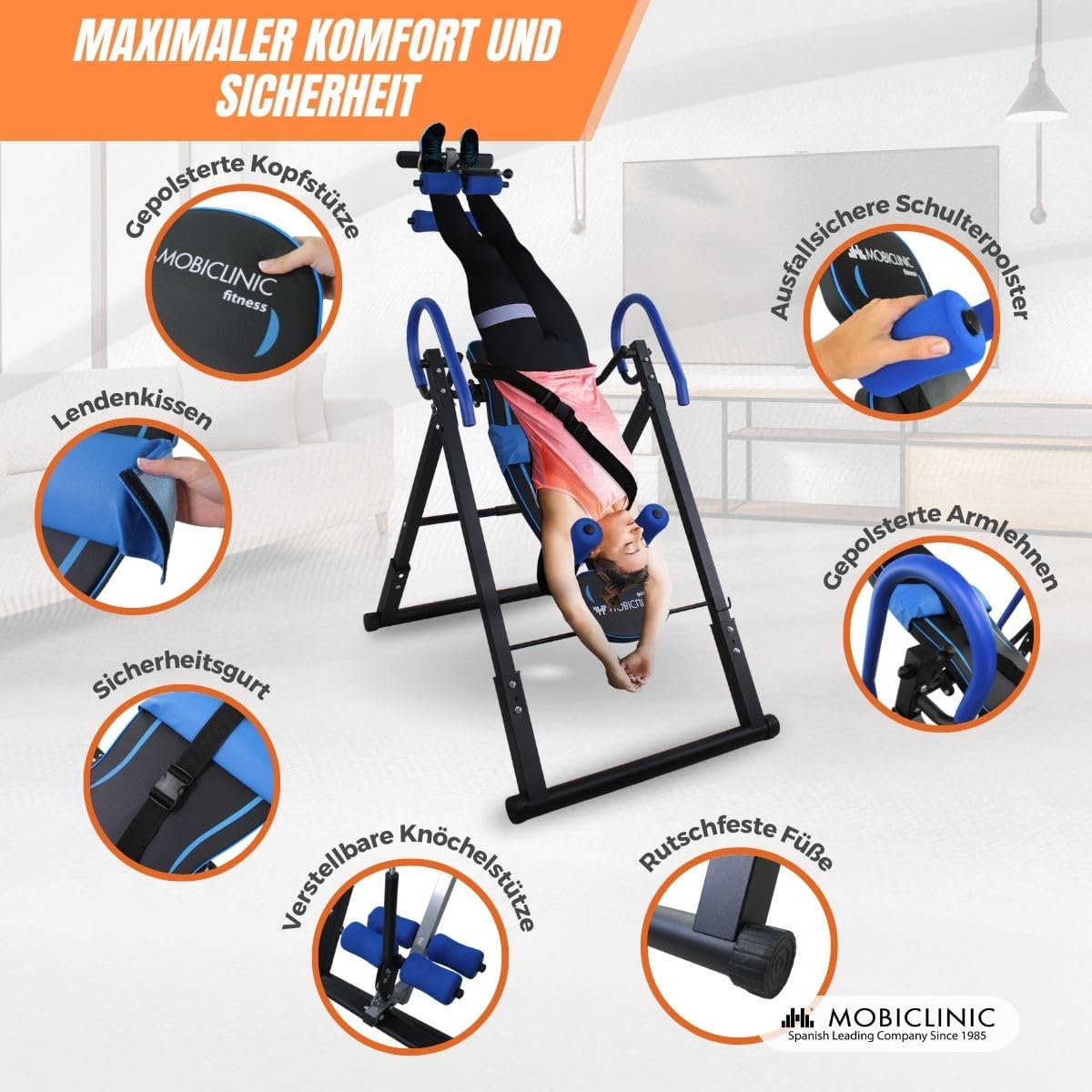 Mobiclinic® fitness, Inversionstisch, Klappbar, Neigung 180°, Bis 120 kg, Verstellbar, Lendenkissen und kopfstütze, Vier sicherheitssysteme, Stretching crunches, Stahl