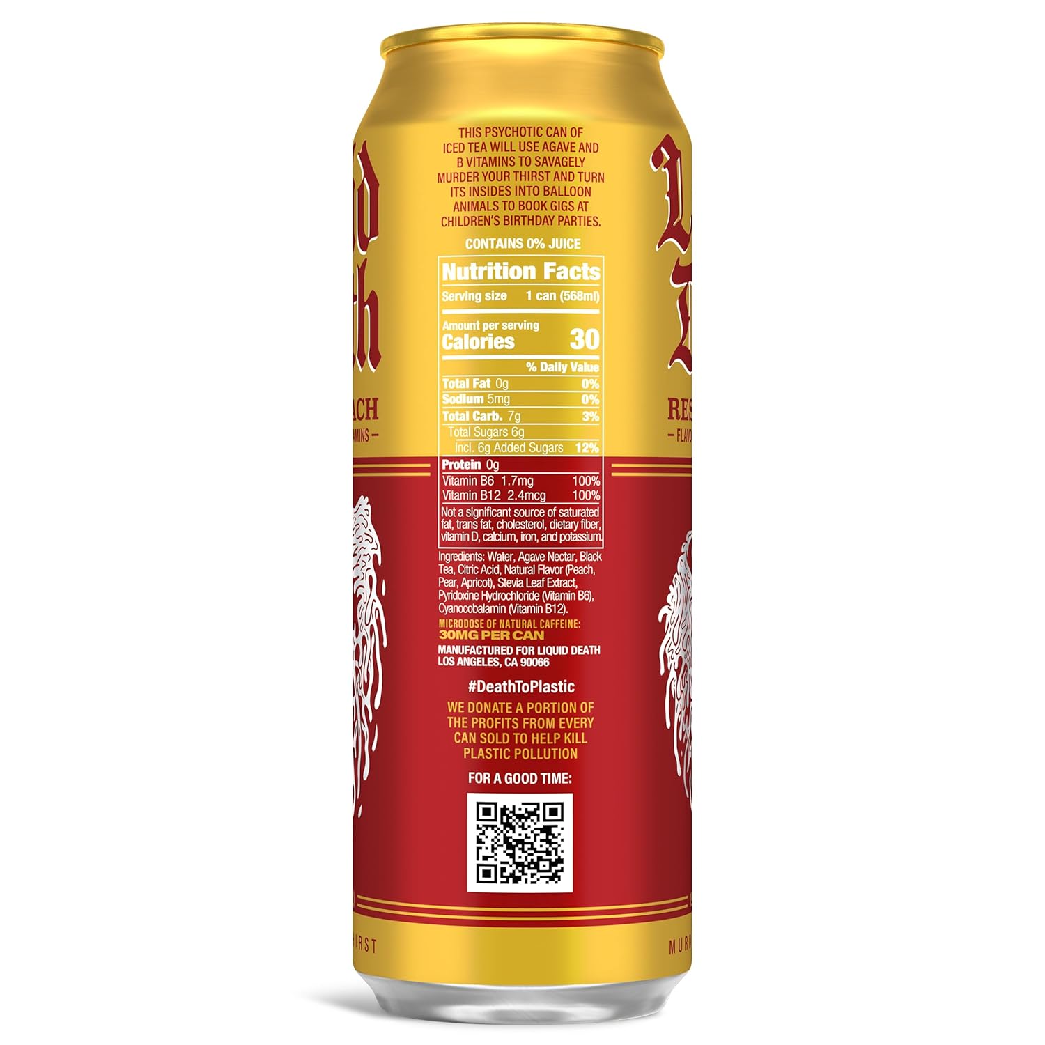Liquid Death, Rest in Peach Iced Tea, 8-Pack (19.2oz Cans), Peach Flavored Back Tea, Low Calorie, No Artificial Sweeteners, B12 & B6 Vitamins