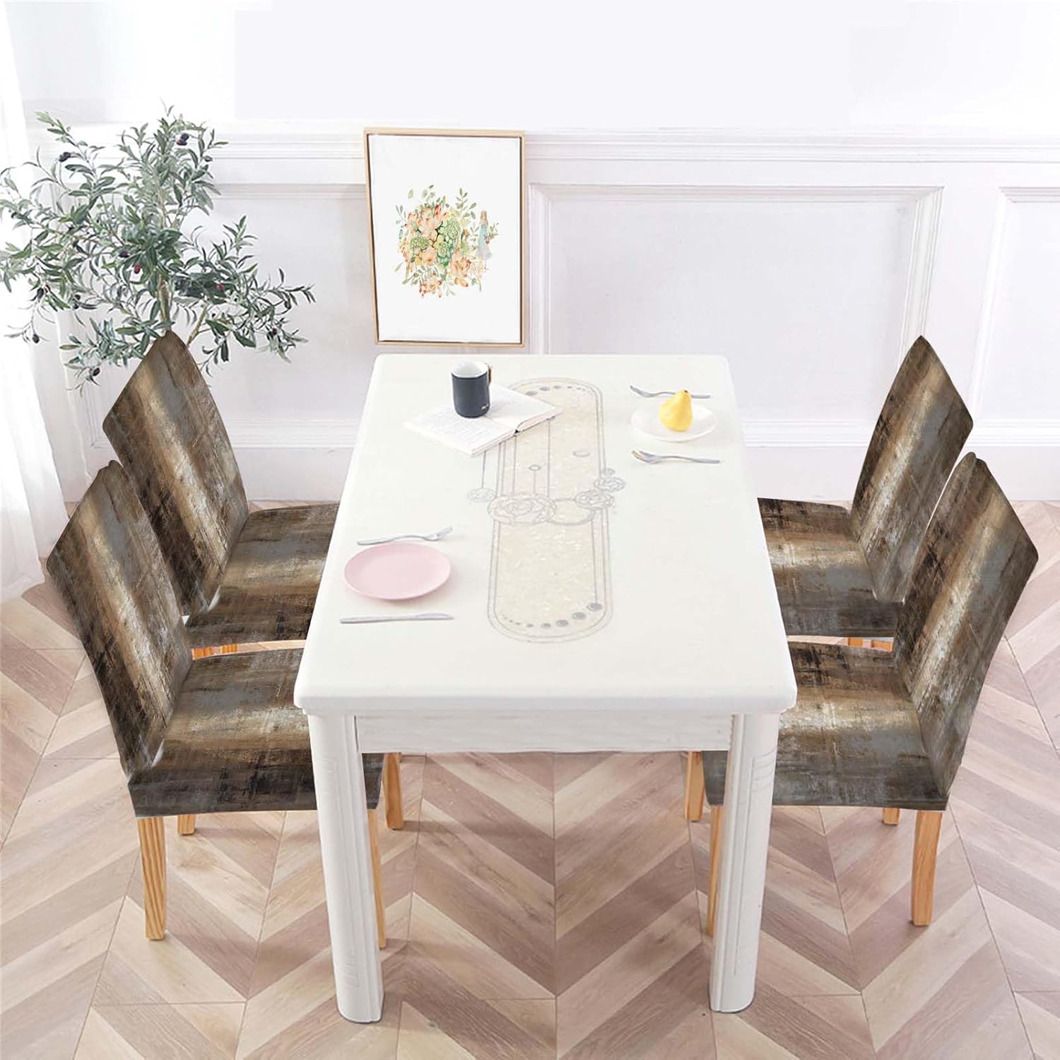 MCALK Brown Chair Covers Set of 4, Stretch Grey Chair Slipcovers for Kitchen,Washable Removable Chair Protector Modern Abstract Chair Covers for Dining Room