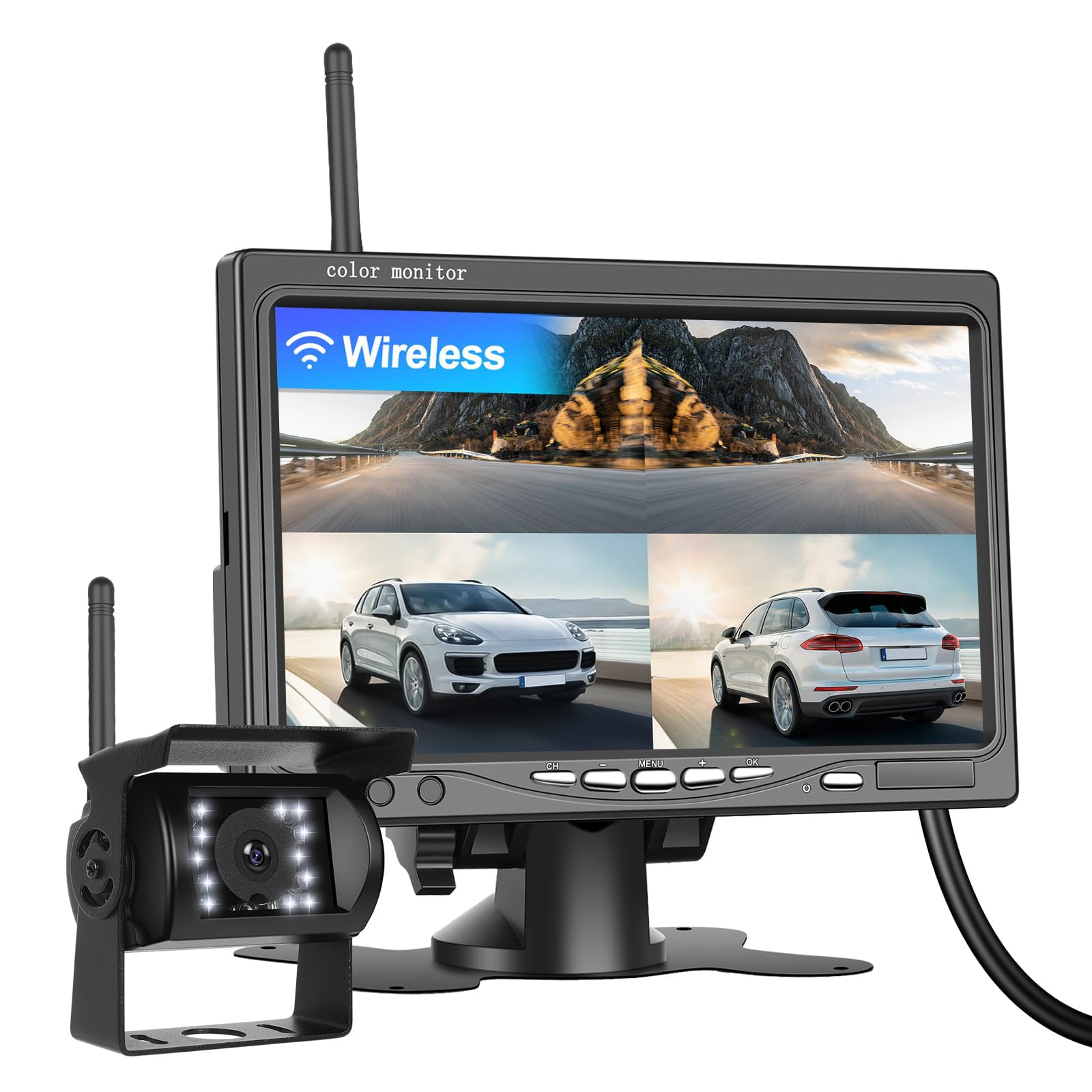 CAMECHO Draadloze achteruitrijcamera, infrarood, nachtzicht, 12V-24V, 7 TFT LCD-monitor, waterdicht, voor vrachtwagen, bestelwagen, caravan, aanhanger, camper