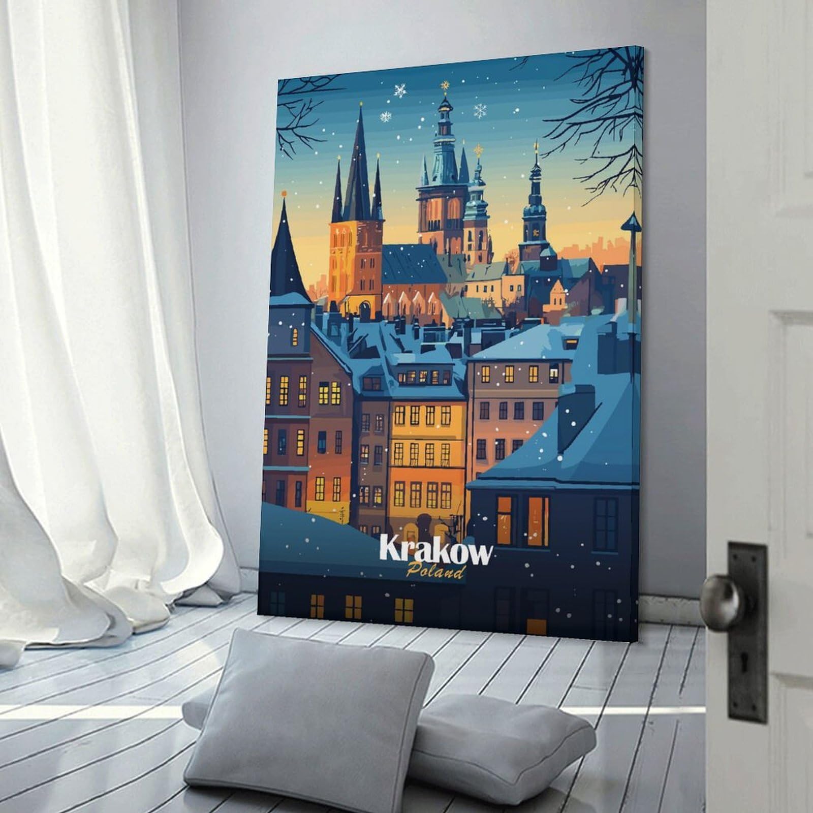 Junmoney Snowy Krakow Cityscape Decorative Wall Artwork 20x30inch(50x75cm), for Living Room, Bedroom, Office Or Hallway, Decorative Artwork with Broad Appeal