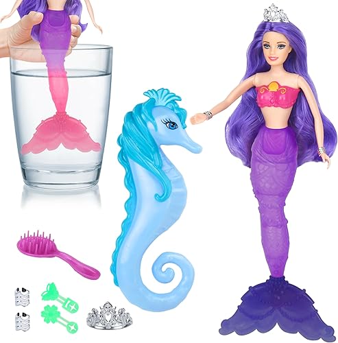 BETTINA Juego de muñeca sirena que cambia de color 2023, muñeca de princesa sirena con cola que cambia de color, juguetes de sirena con caballito de