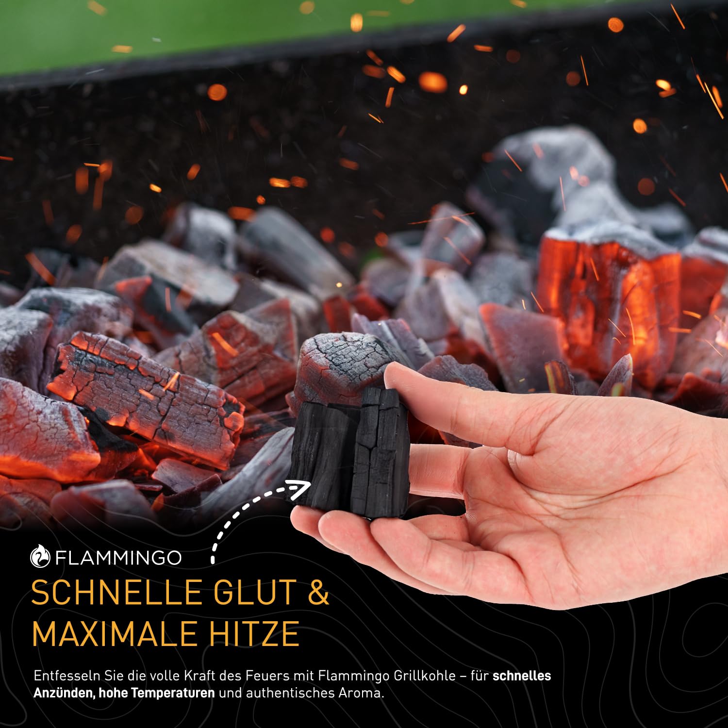 Flammingo® Grillkohle aus Hartholz – 100% Naturkohle mit Langer Brenndauer & intensivem Grillaroma – extra große Körnung – Holzkohle für Grill, Smoker & BBQ – 20kg