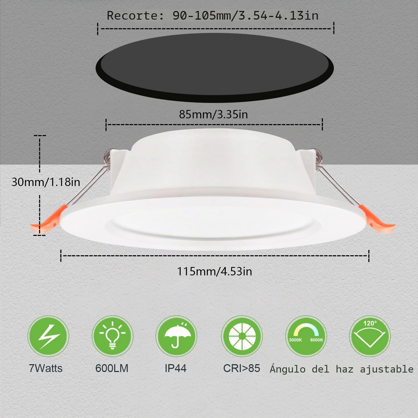 IP44 Focos LED Interior Techo Blanco 7W Regulables 3000K/4000K/6000K, Aluminio die-Casting Dowling LED Techo Empotrable AC220-240V, Orificio 90-105mm, Pack 5