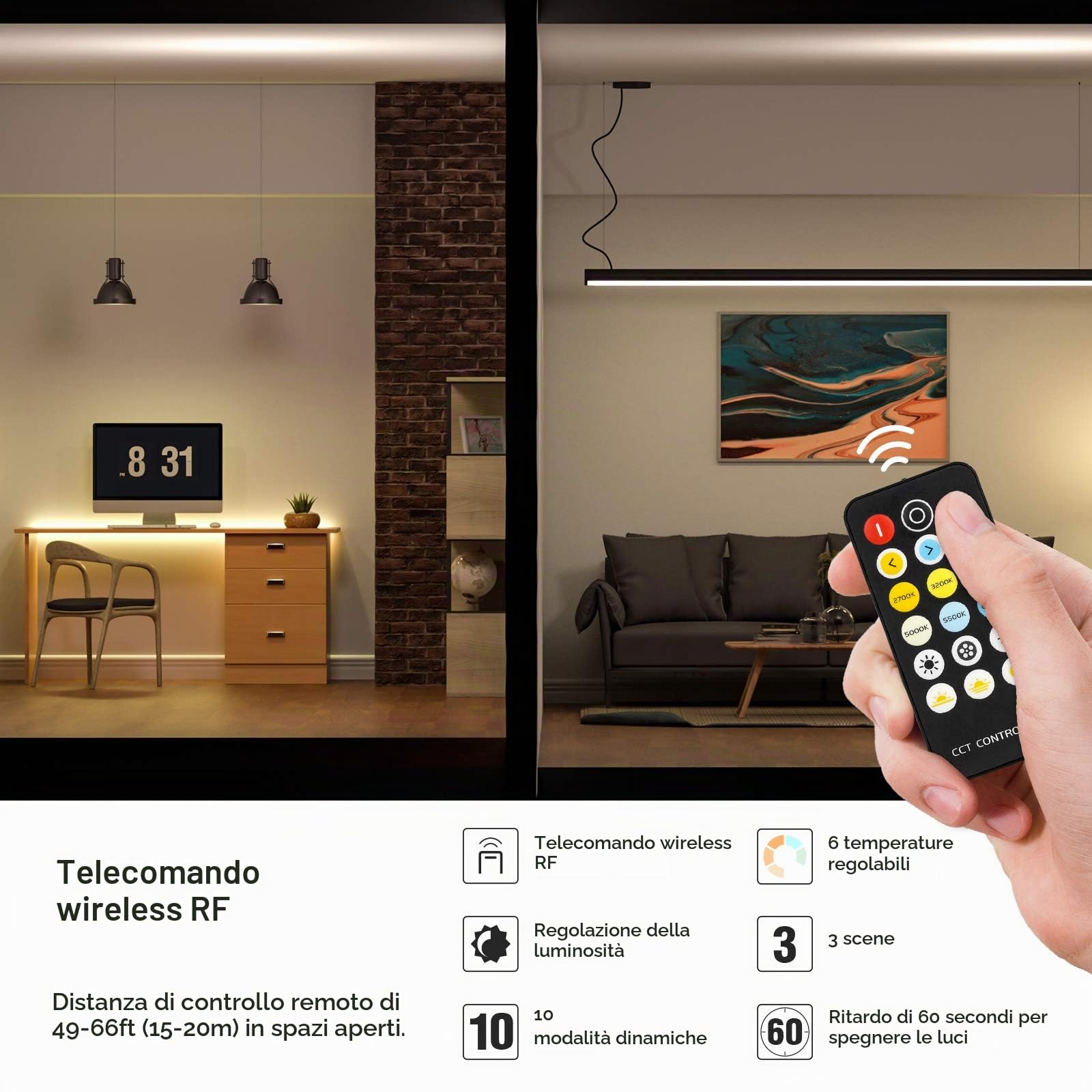 BTF-LIGHTING FCOB COB FOB CCT 24V Kit Flessibile Alta Densità 640LED/m 5M Regolatore Dimmerabile RF Tunable CT 3000K-6000K CRI>90 Strisce LED per Camera da Letto Cucina Casa con Adattatore