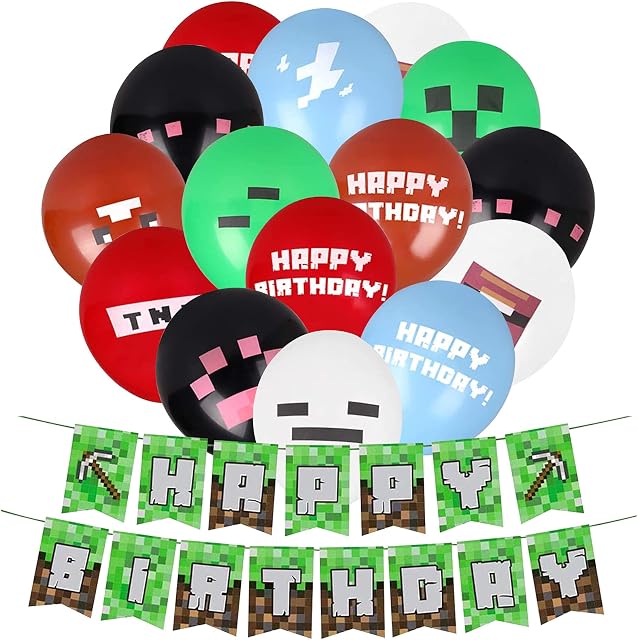 Gaming Theme Party supplies 45Pcs Minecraft Birthday Decorations Gaming Theme Party - Including (15Pcs) Happy Birthday Banner (30Pcs) Ballons, Decoration for Kids Birthday Christmas Tea Party .
