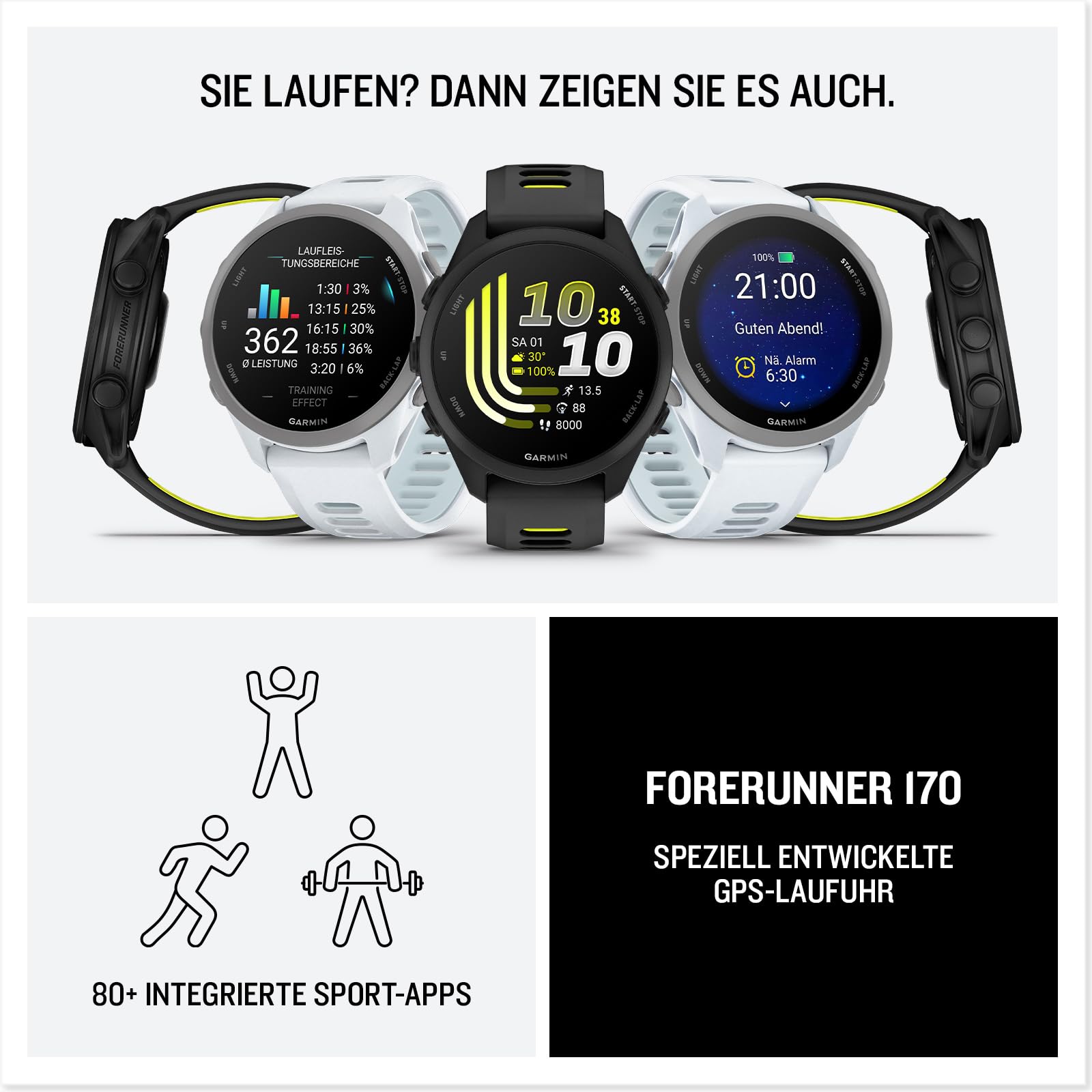 Garmin Forerunner 170 43mm - Lauf-Smartwatch, 1,2" AMOLED Touchscreen, bis zu 10 Tage Akkulaufzeit, Trainingsempfehlungen, Gesundheitsdaten, smarte Funktionen, 80+ Sport-Apps, Pay