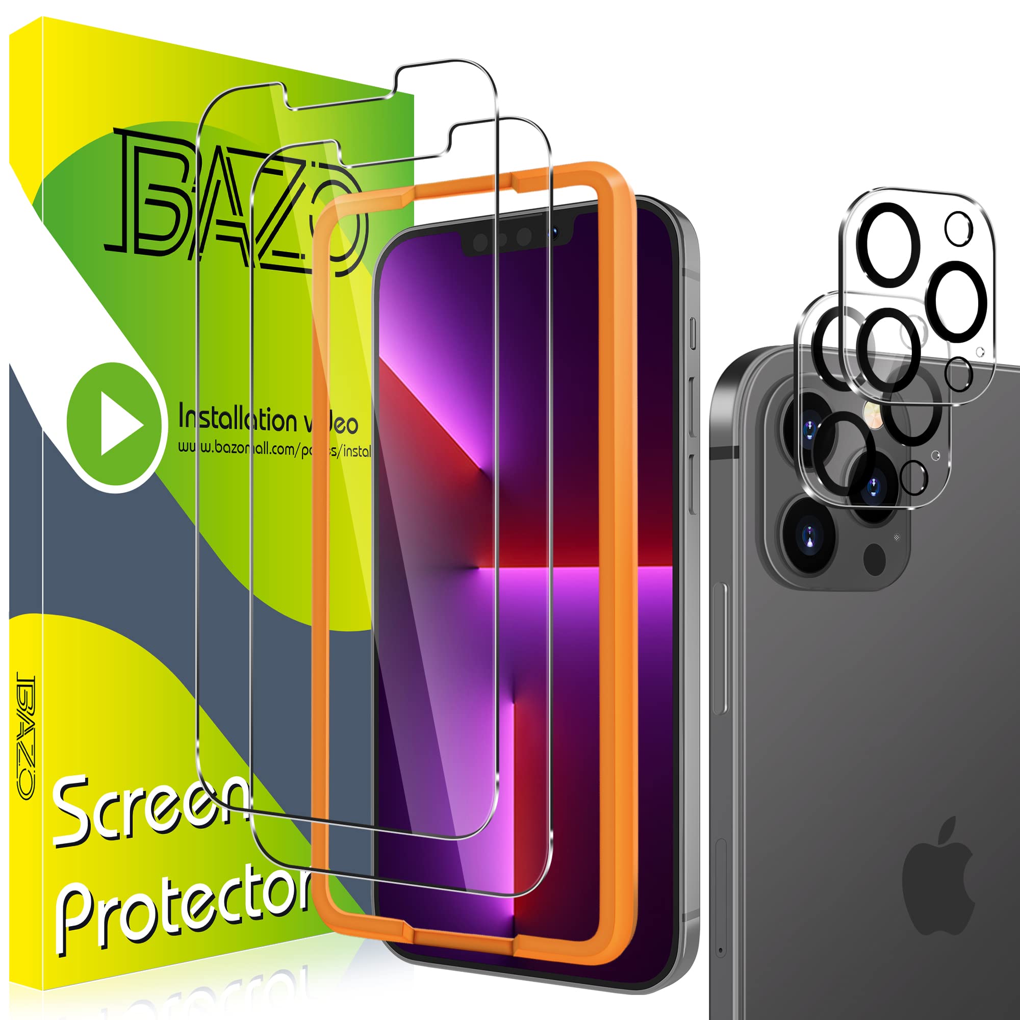 BAZO [2+2 Pack Compatible for iPhone 14 Pro Tempered Glass Screen Protector and Camera Lens Protector - Anti Fingerprint [Case Friendly] [9H Hardness] Easy Installation Frame