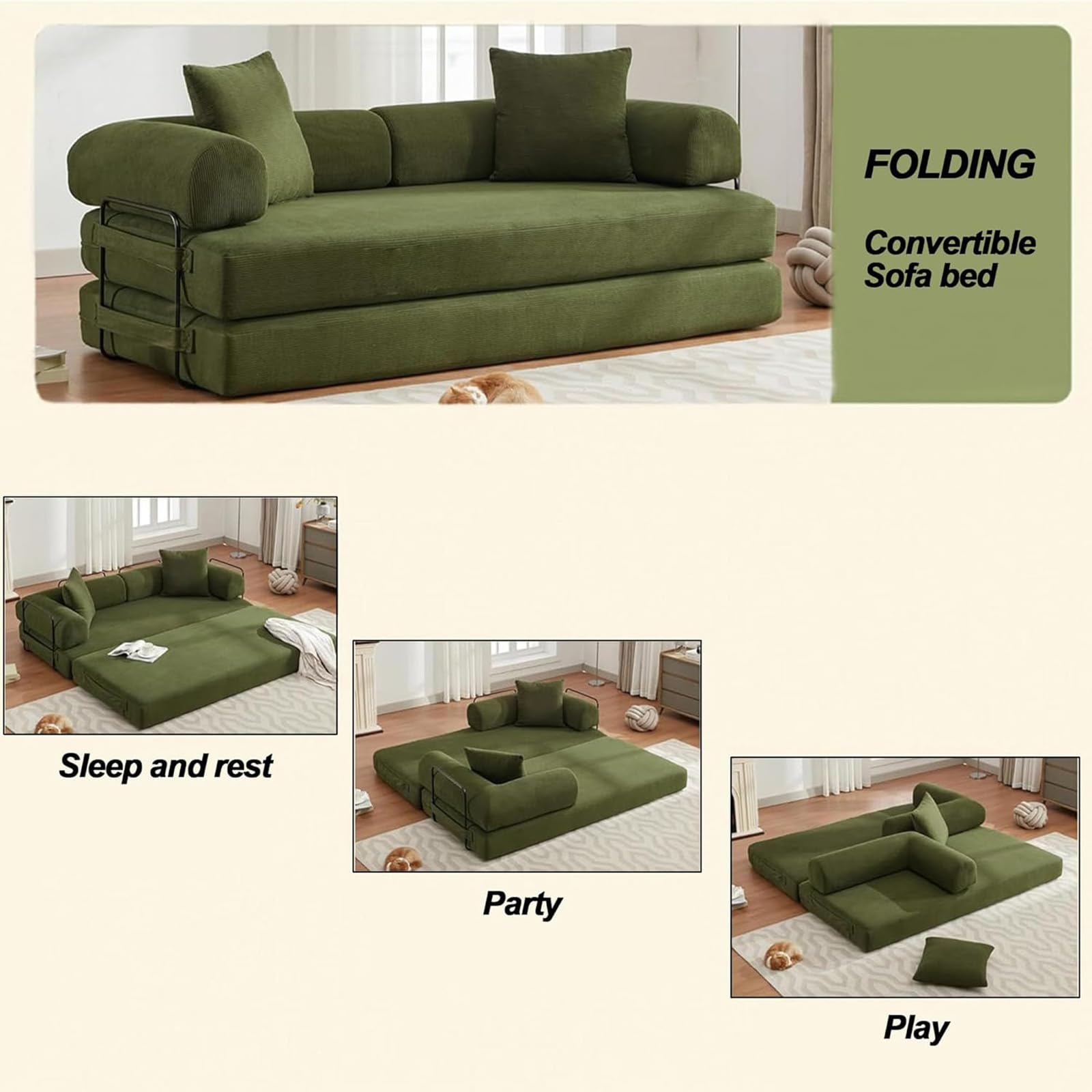 Rozkładana sofa 3 w 1, rozkładana sofa, rozkładana kanapa podłogowa, składany futon, modułowe meble do salonu, sypialni, pokoju zabaw