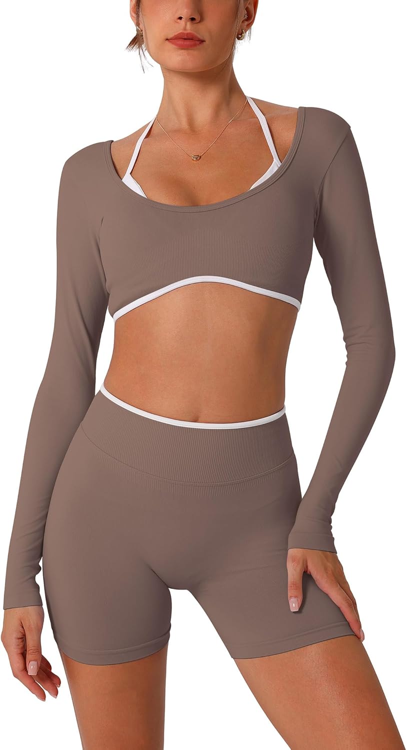 Workout Sets for Women 2 Piece Contrast Panel Long Sleeve Halter Crop Top and Butt-lifting Shorts Jogger Outfits