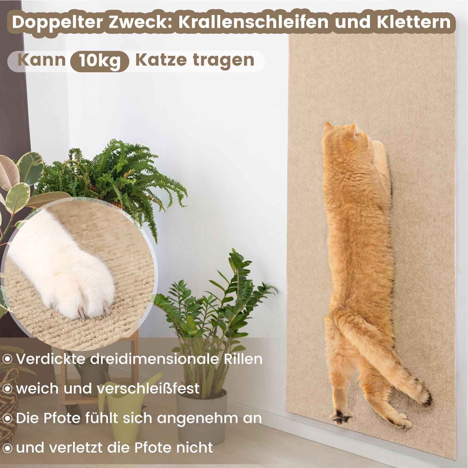 GROFIS 200 cm x 40 cm zelfklevende krabmat kat, doe-het-zelf krasbescherming bank, kat, krabtapijt, kat voor muur, deur, meubels, kattenstandaard, kattentoren, krasmogelijkheden voor katten, kaki