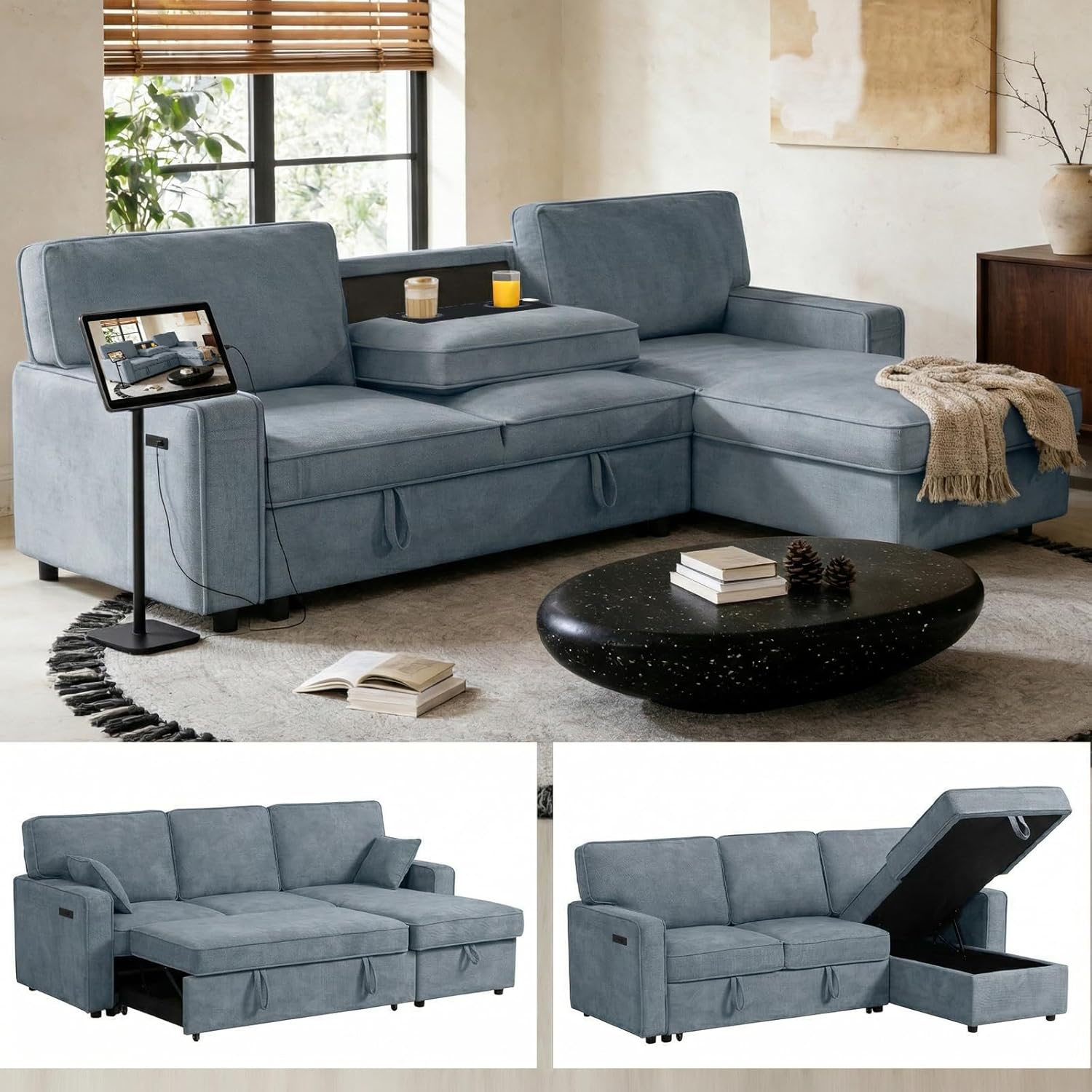Dreamzie 89'' L Shaped Sectional Sleeper Sofa with Flip-Down Center Console & Charging Ports, Chenille 3 Seater Pull Out Couch for Living Room, Convertible Sofa Bed Couch for Apartment, Office - Grey | Cup Holders